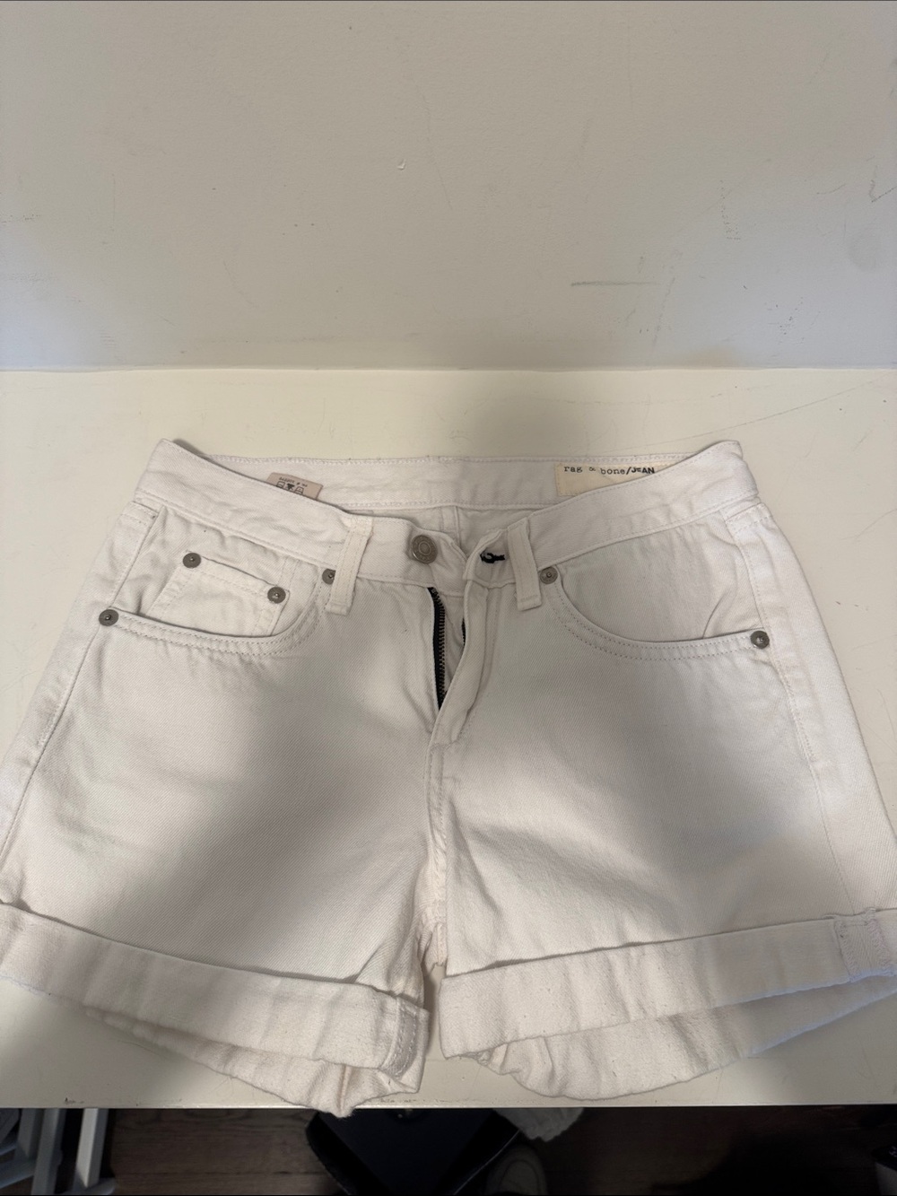 rag & bone White Rolled-Hem Denim Shorts